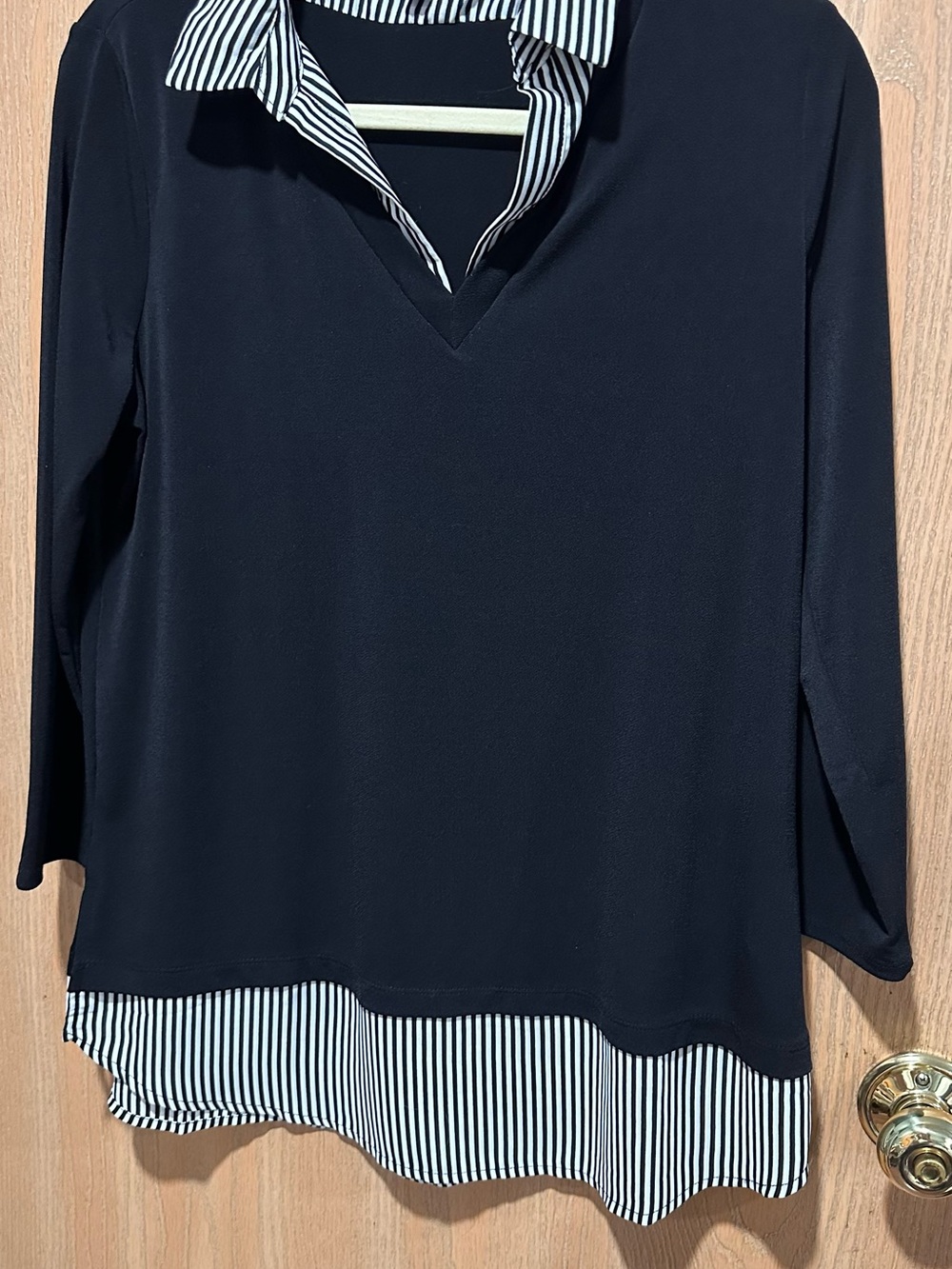 Adrianna Papell Black Layered V-Neck Tunic with Striped White Collar and Hem